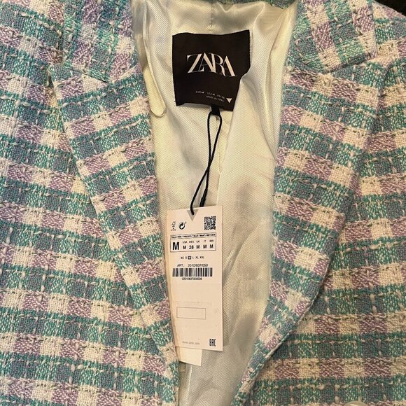 NWT ZARA Textured Plaid Cropped Blazer Jacket Bloggers Fav Turquoise & Lavender - Picture 10 of 16